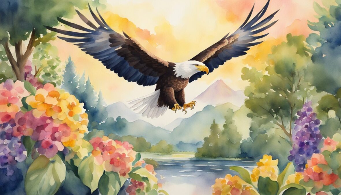 A golden beam of light shines down on a lush garden, overflowing with ripe fruits and vibrant flowers, while a majestic eagle soars above, symbolizing abundance and success