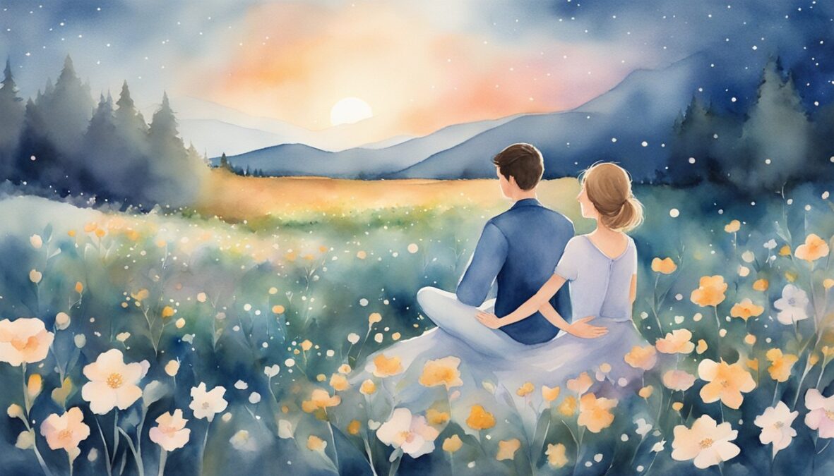 A couple sits under a starry sky, surrounded by blooming flowers and a gentle breeze, as the number 716 glows in the background