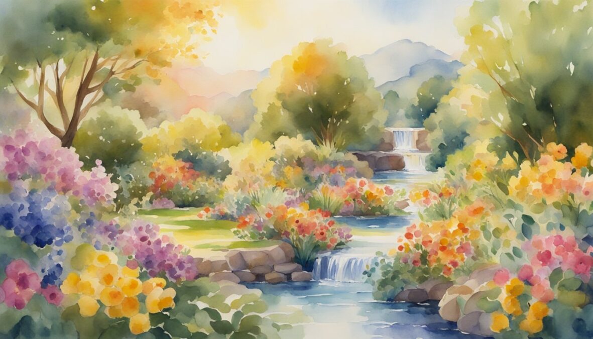 A garden bursting with vibrant flowers and ripe fruits, surrounded by flowing streams and golden sunlight