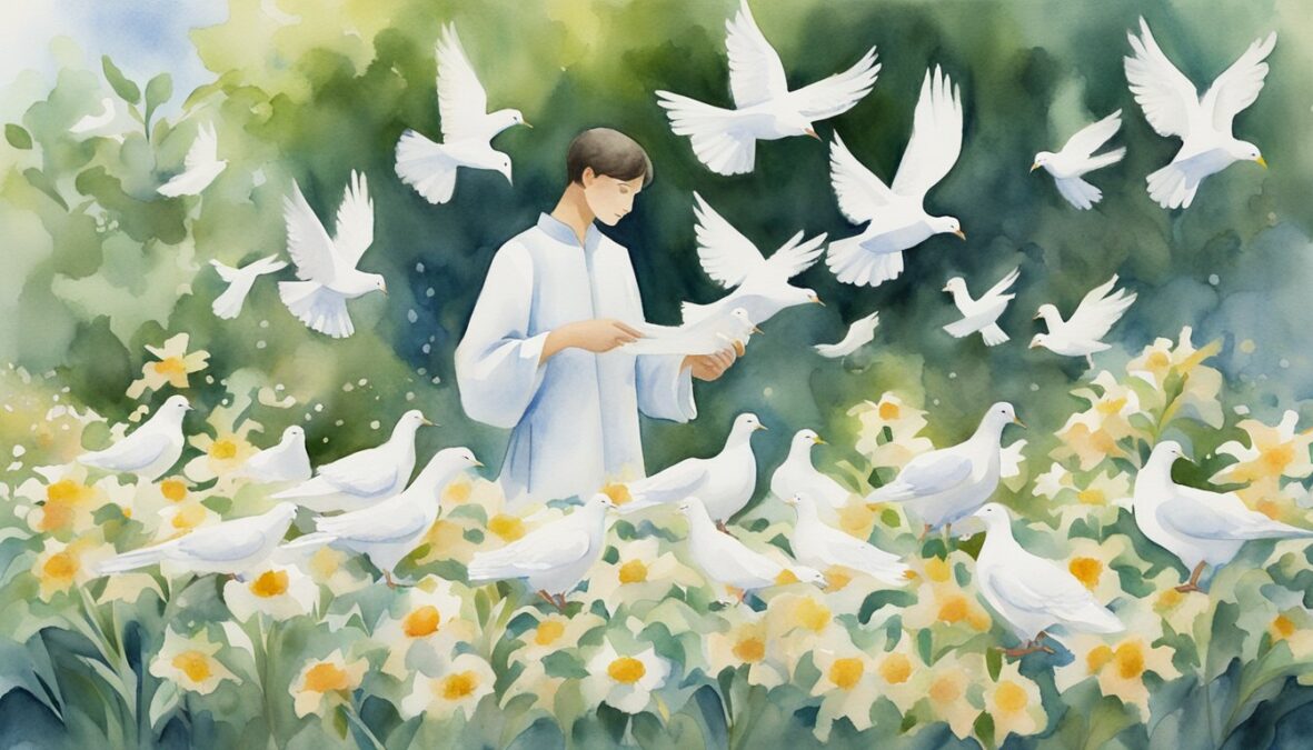 A person surrounded by seven white doves, holding a piece of paper with the numbers 719 written on it, while standing in a garden filled with blooming flowers