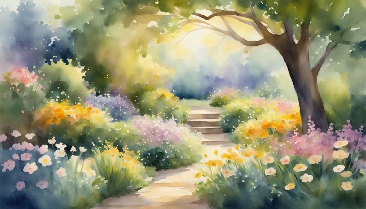 A serene garden with blooming flowers and a gentle breeze, while a radiant light shines from the heavens, casting a warm glow over the surroundings