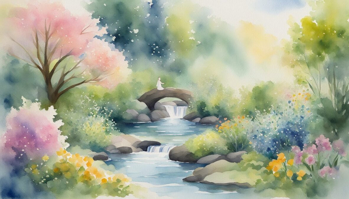 A serene figure meditates in a lush garden, surrounded by blooming flowers and a gentle stream.</p></noscript><p>The number 741 glows softly in the sky