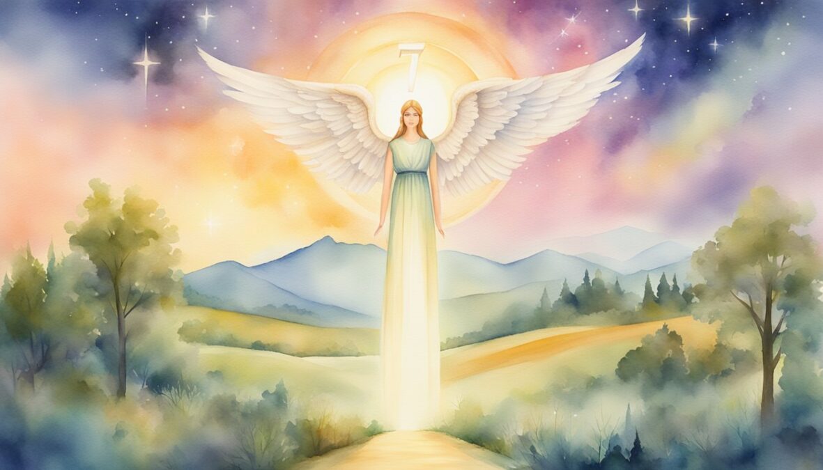 A glowing 75 75 angel number hovers above a serene landscape, surrounded by celestial symbols and radiant energy