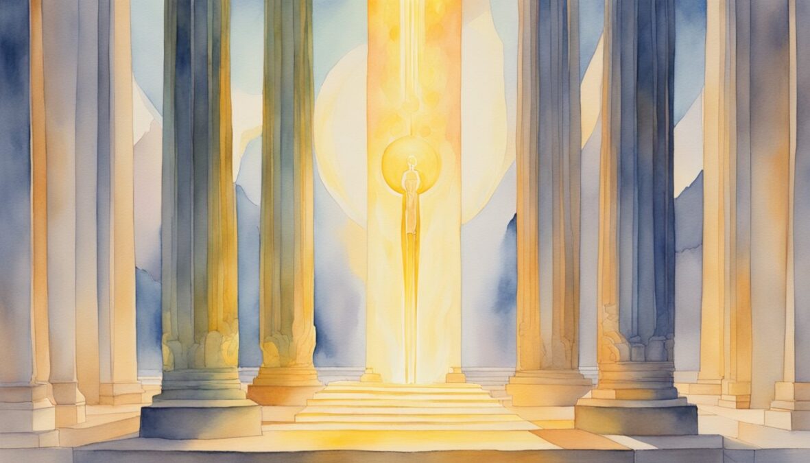 A glowing figure stands between two pillars, each inscribed with the numbers 7788.</p></noscript><p>Radiant energy emanates from the figure, illuminating the surrounding space