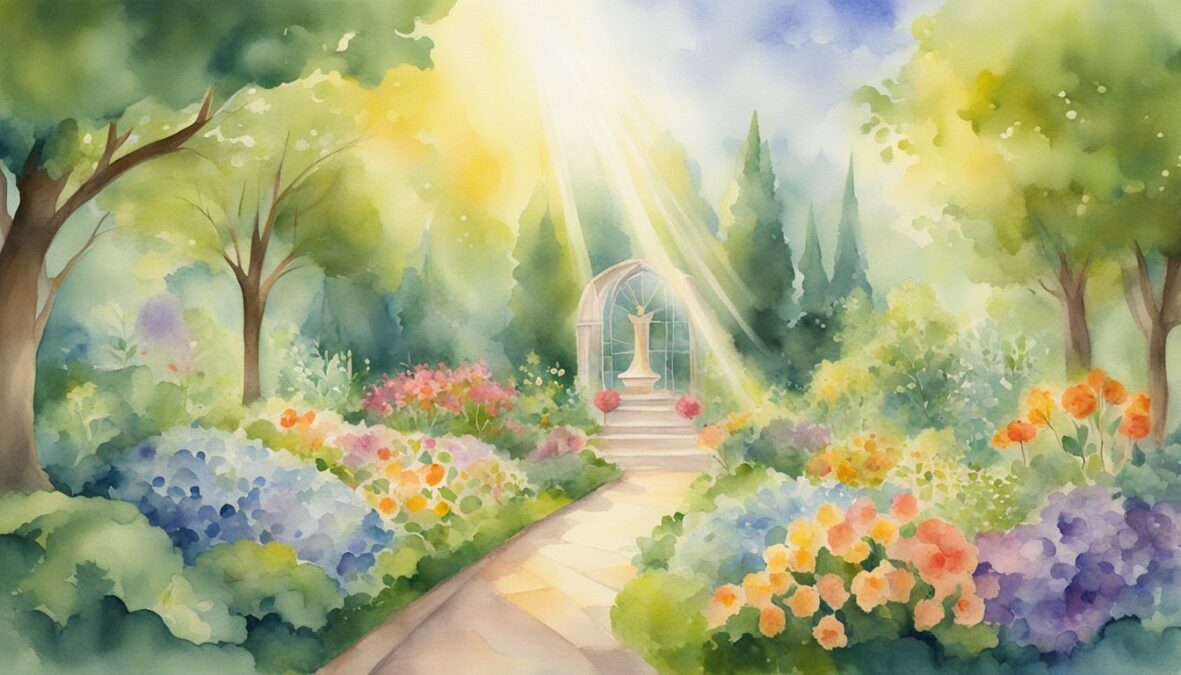 A beam of light shines down on a garden, illuminating various aspects of life - love, career, and spirituality - each represented by different symbols