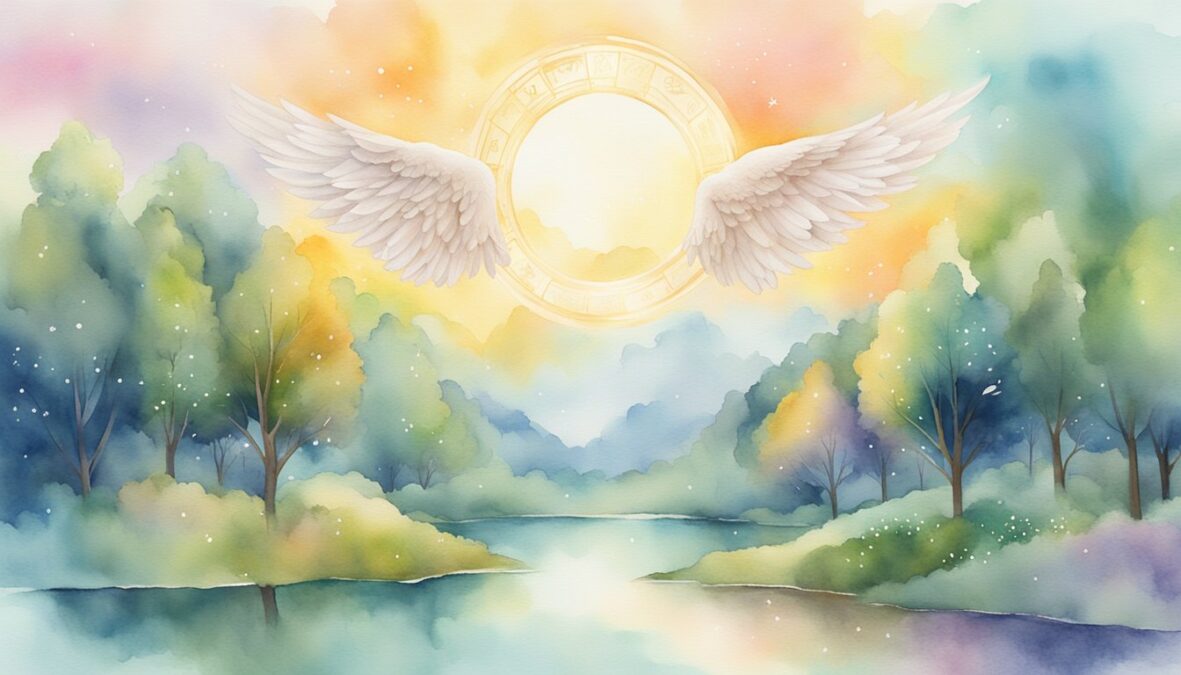 A glowing 812 angel number hovers above a serene landscape, surrounded by symbols of life and growth