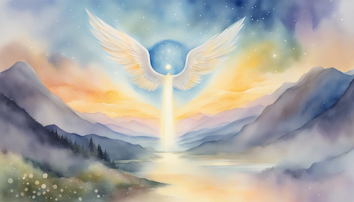 A glowing 812 angel number hovers above a serene landscape, radiating light and wisdom to the world below