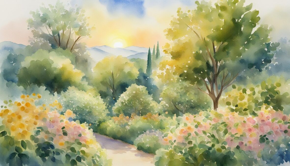 A lush garden with blooming flowers and abundant fruit trees, surrounded by a radiant golden light, with the number 815 prominently displayed in the sky