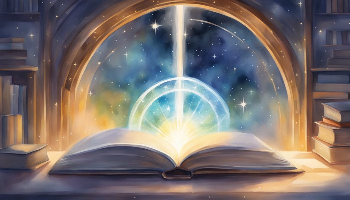 A glowing halo hovers above an open book, surrounded by beams of light and symbols of wisdom and knowledge