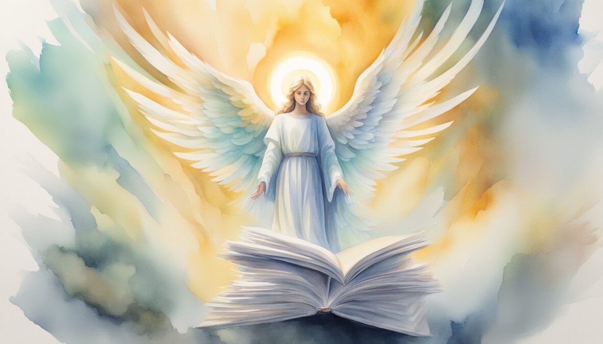 A glowing angelic figure hovers above a stack of FAQ documents, radiating a sense of guidance and wisdom