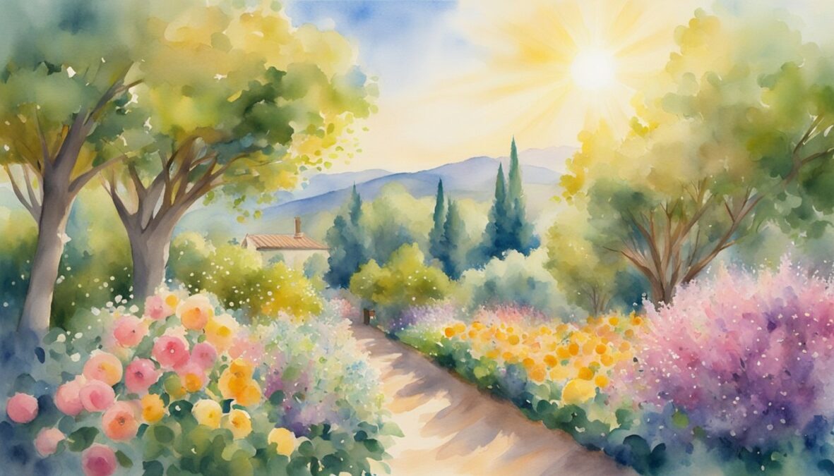 A flourishing garden with blooming flowers, overflowing fruit trees, and a radiant sun shining down, while the 83 83 angel number hovers in the sky
