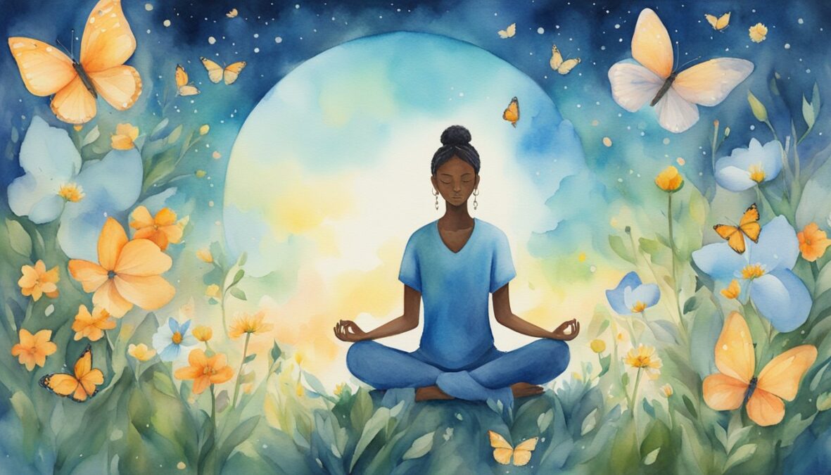 A person meditates under a clear sky, surrounded by blooming flowers and butterflies.</p><p>The number "843" glows in the air, radiating a sense of peace and enlightenment