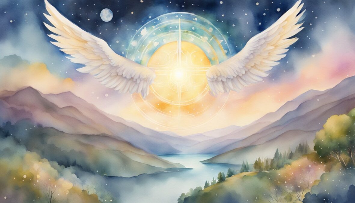 A glowing 843 angel number hovers above a serene landscape, surrounded by celestial symbols and a sense of peace