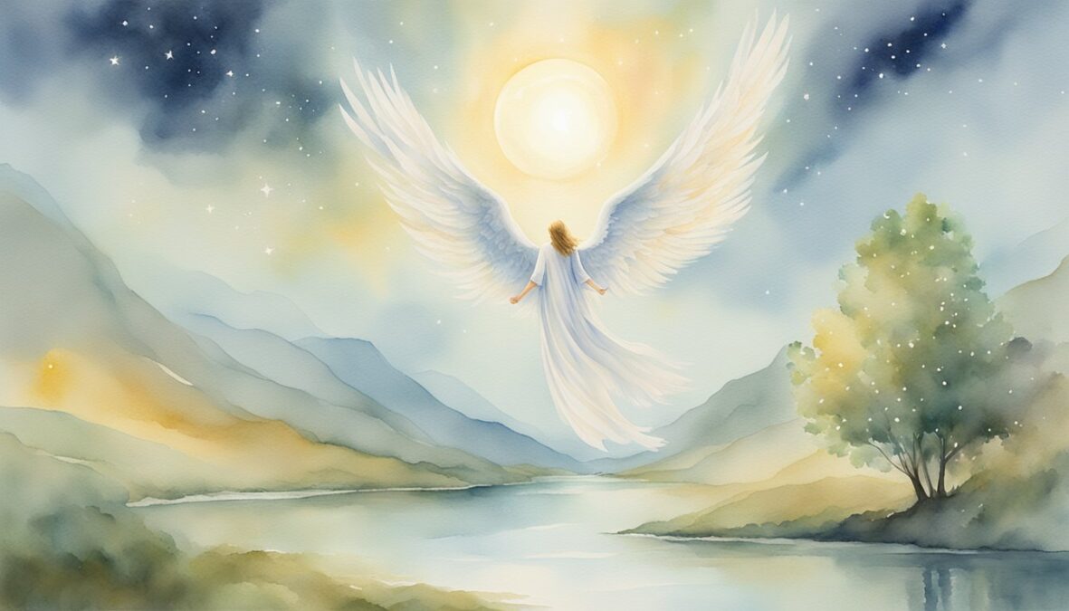 A glowing angel number 868 hovers above a serene landscape, surrounded by celestial light and a sense of peace