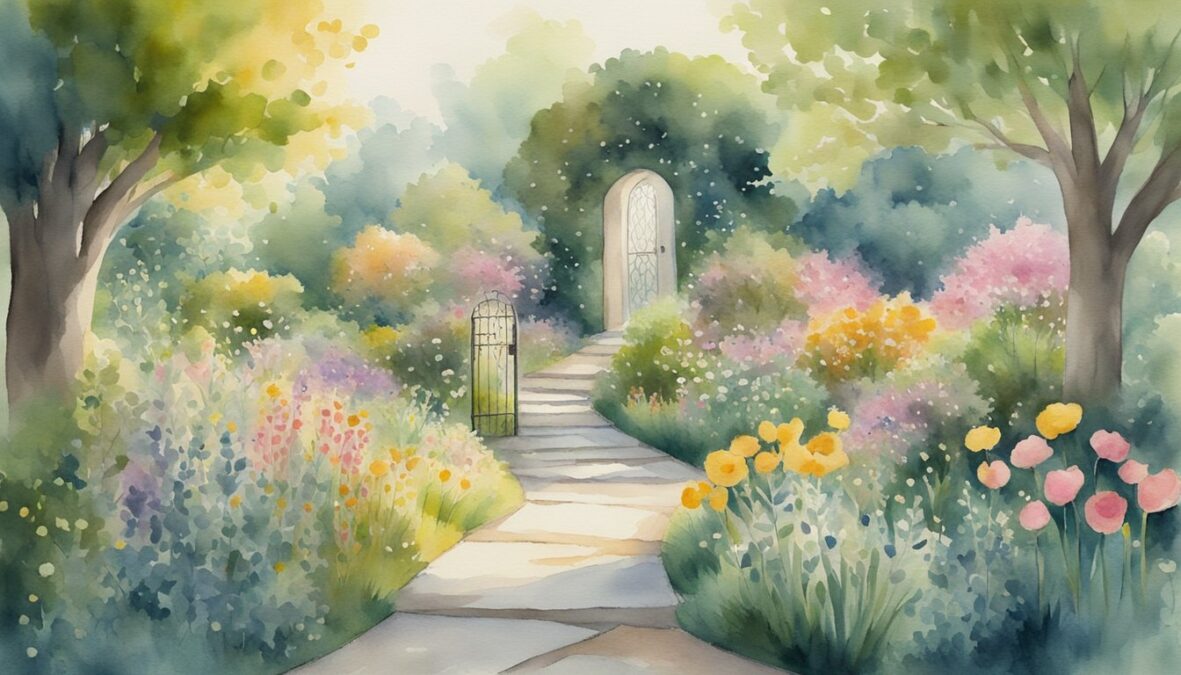 A serene garden with a path leading to a glowing, ethereal doorway, surrounded by symbols of daily life activities