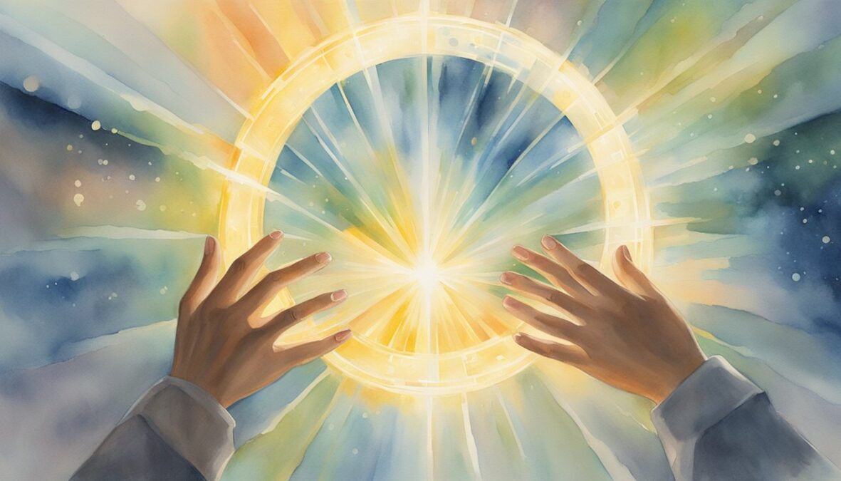 A glowing halo hovers over a pair of hands, surrounded by the numbers 914.</p></noscript><p>Rays of light beam outwards from the center, creating a sense of divine energy