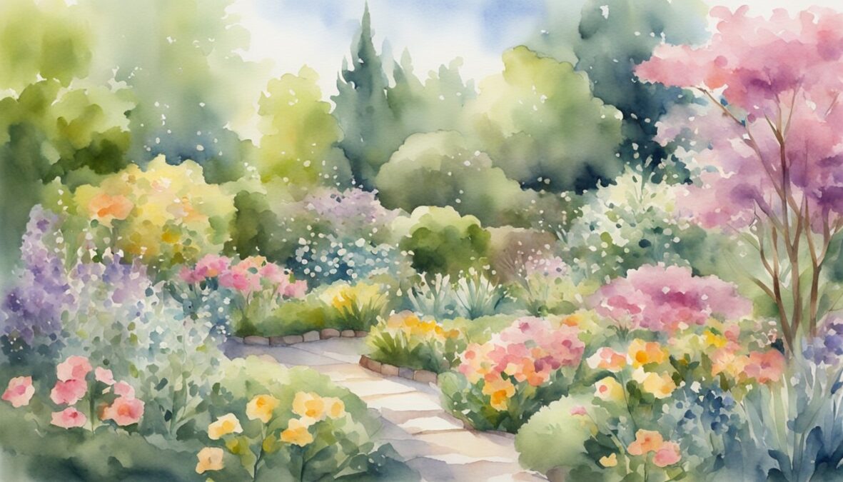A garden with a mix of blooming flowers and budding plants, surrounded by a serene and peaceful atmosphere
