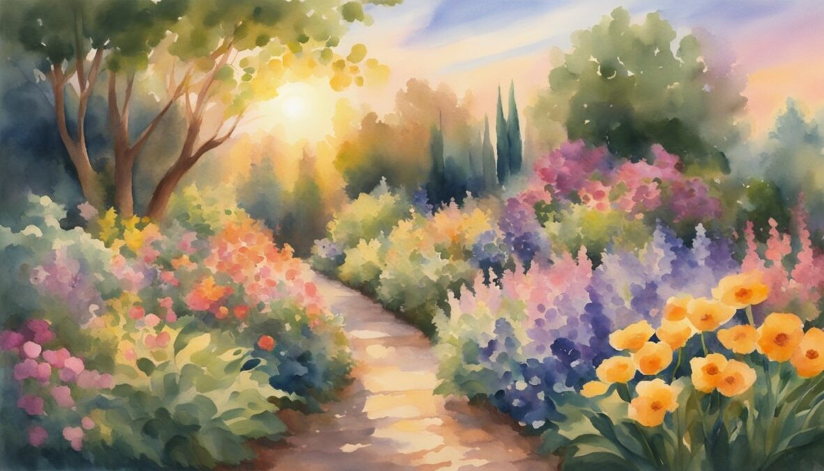 A garden blooming with vibrant flowers, bathed in the warm glow of the setting sun, while a beam of light shines down from the heavens, illuminating the path of personal and spiritual growth