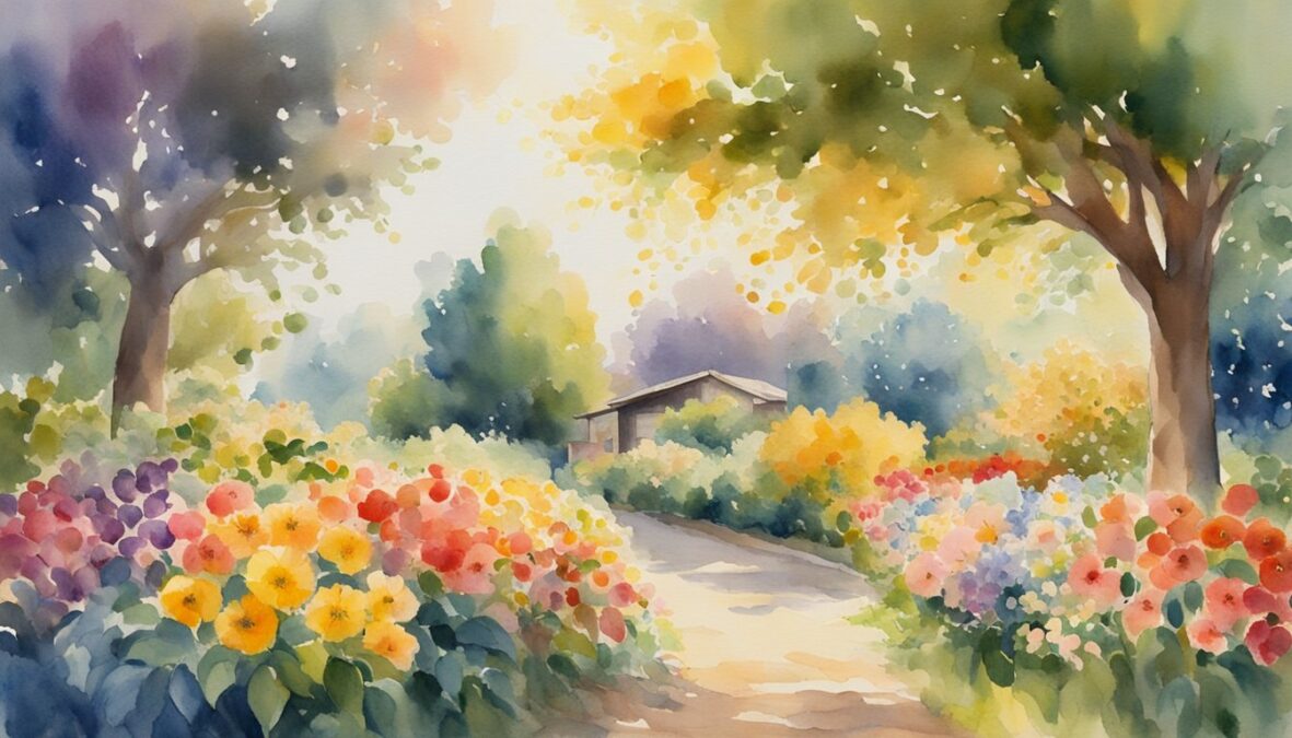 A garden bursting with blooming flowers, ripe fruits, and overflowing harvest, surrounded by beams of golden sunlight and a sky filled with vibrant colors