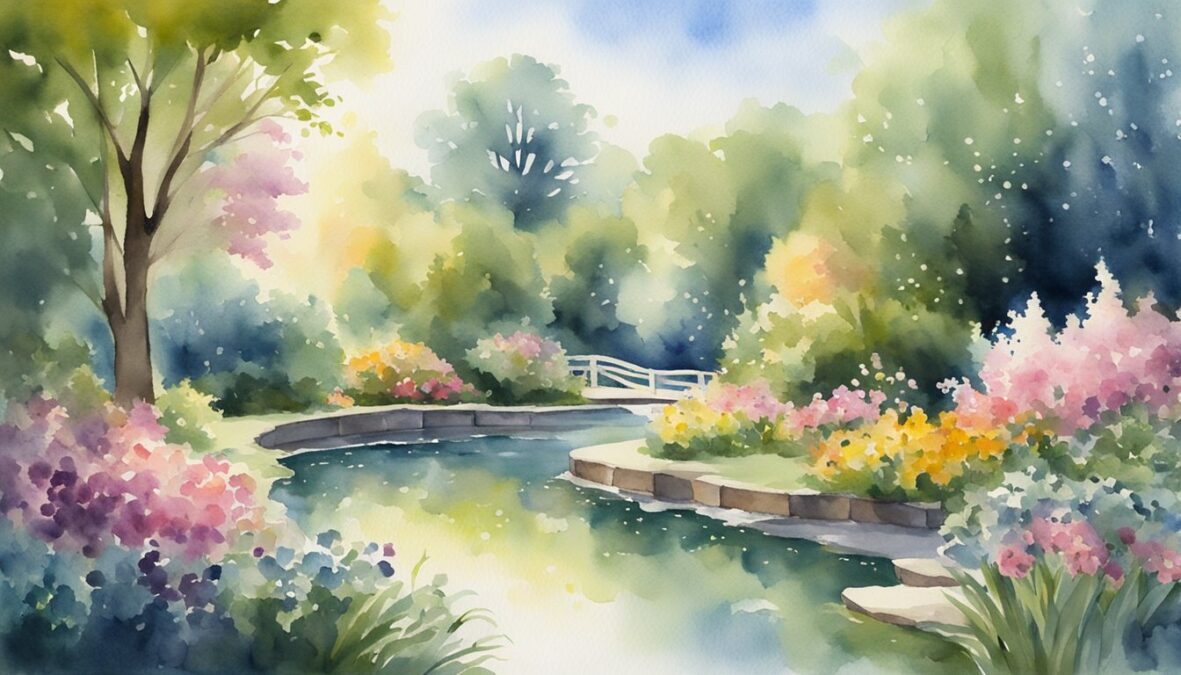A serene garden with blooming flowers, a tranquil pond, and a clear blue sky.</p></noscript><p>A beam of light shines down, illuminating the number 10101 10101