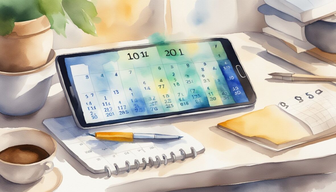 Bright, glowing 10101 angel number displayed on a smartphone screen, surrounded by everyday objects like a cup of coffee and a calendar