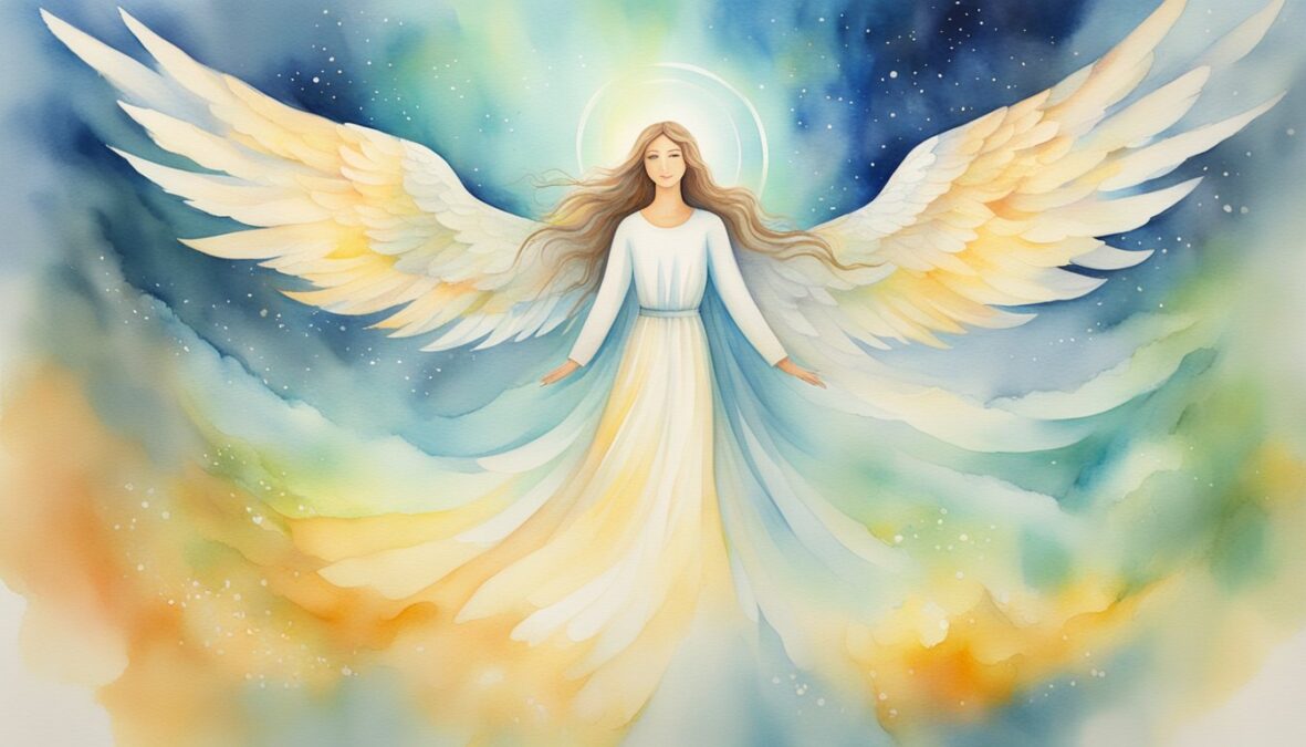 A bright, angelic figure hovers above a person, radiating positivity and guidance.</p></noscript><p>The number 1037 glows in the background, surrounded by uplifting affirmations
