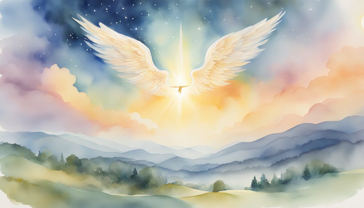 A glowing 1104 angel number hovers above a serene landscape, surrounded by celestial light and a sense of peace