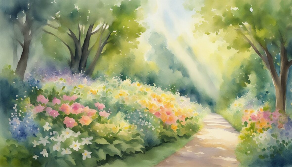 A radiant beam of light shines down onto a path, surrounded by blooming flowers and lush greenery, symbolizing the manifestation and opportunities of the 1109 angel number