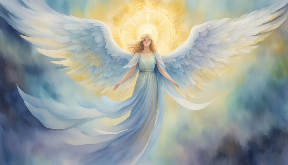 A glowing angelic figure hovers above a set of numbers, radiating a sense of divine guidance and wisdom