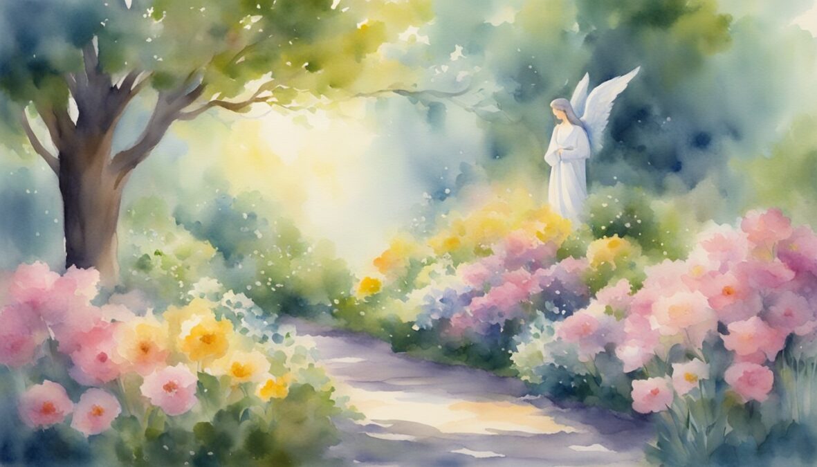 A serene garden with blooming flowers and a glowing angelic figure surrounded by a sense of peace and tranquility