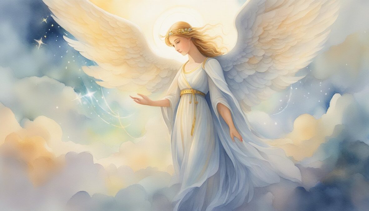 A glowing angel number 1125 hovers above a serene landscape, surrounded by celestial light and symbols of guidance