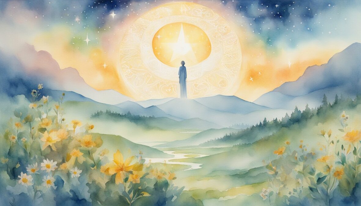 A bright, celestial figure hovers over a peaceful landscape, surrounded by symbols of protection and guidance.</p><p>The number 1128 shines prominently in the sky