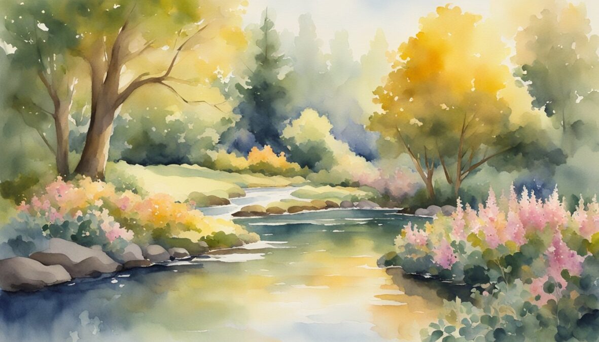 A serene garden with a flowing stream and blooming flowers, surrounded by tall trees and bathed in soft, golden sunlight