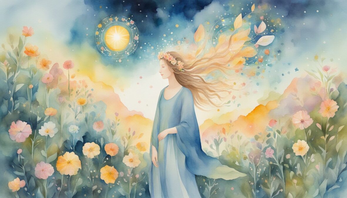 A bright, ethereal figure hovers above a blooming garden, surrounded by symbols of growth and transformation.</p></noscript><p>The number 1207 glows in the sky