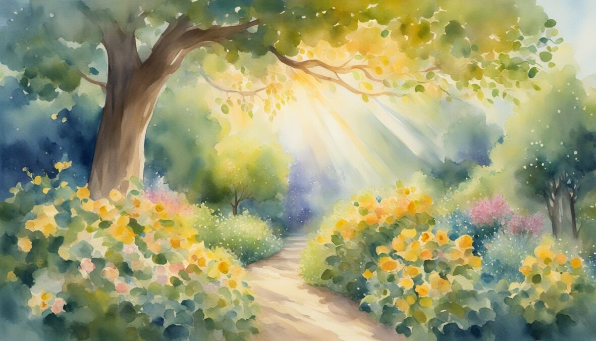 Golden light streams down from the heavens, illuminating a lush garden filled with blooming flowers and overflowing fruit trees, as the 1216 angel number hovers in the sky, radiating a sense of abundance and prosperity