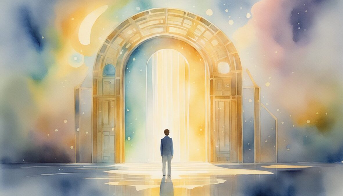 A figure surrounded by radiant light, standing in front of a glowing portal with the numbers 1245 floating in the air