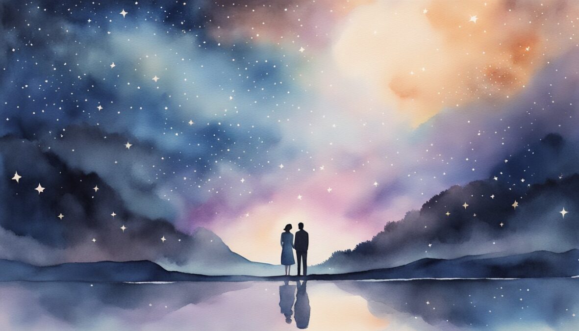 A couple stands under a starry sky, surrounded by the number 140 glowing in the air, symbolizing love and harmony in their relationship