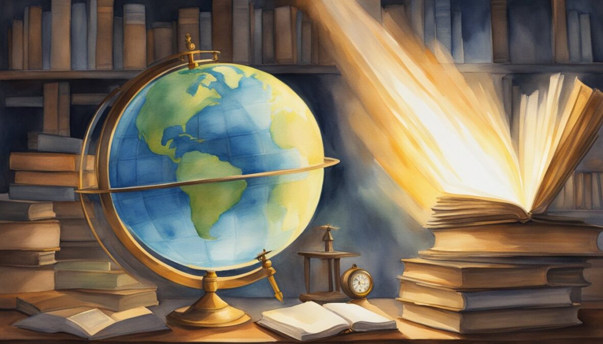 A glowing halo hovers above a stack of books, a compass, and a globe, while a beam of light shines down, casting a radiant glow over the objects