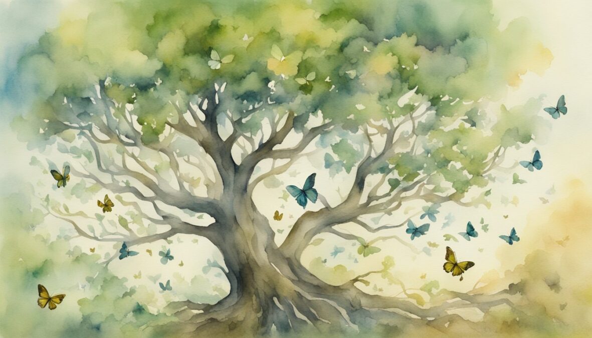 A tree shedding old leaves and sprouting new growth, surrounded by butterflies and birds in flight