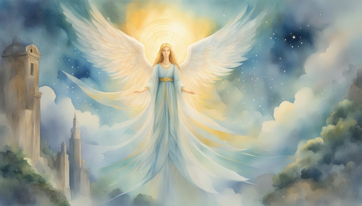 A glowing angelic figure hovers above a serene landscape, surrounded by symbols of guidance and protection