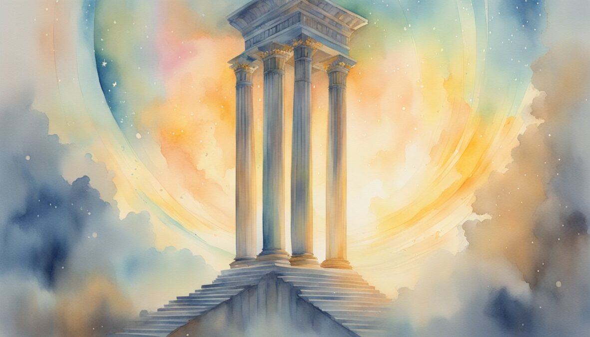 A glowing figure stands between two pillars, surrounded by celestial light, with the numbers 149 floating above in the air
