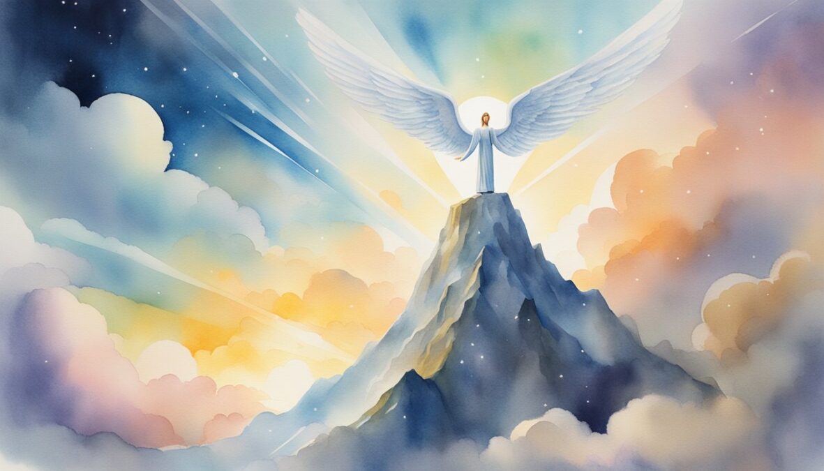 A figure stands at the peak of a mountain, surrounded by beams of light and angelic symbols, representing the manifestation of goals and success with the angel number 154
