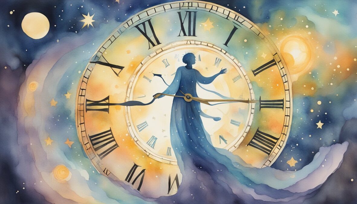 A glowing, celestial figure hovers above a clock reading 16:66, surrounded by swirling numbers and symbols