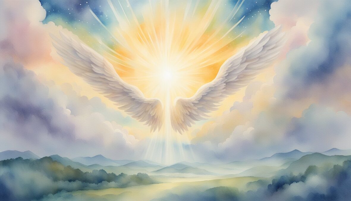 A glowing 191 angel number hovers above a serene landscape, surrounded by celestial clouds and rays of light