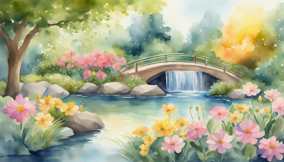 A serene garden with blooming flowers, a flowing stream, and a bright sun, symbolizing harmony and spiritual growth influenced by the 204 angel number