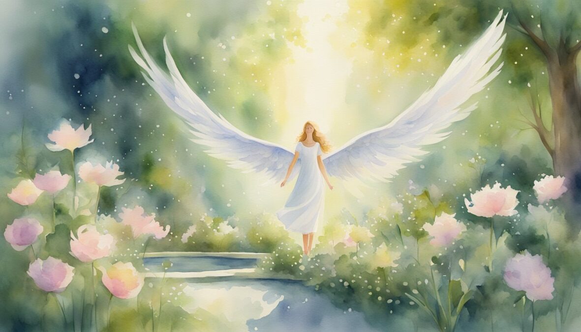 A glowing 205 angel number hovers above a tranquil garden, surrounded by ethereal light and a sense of divine presence
