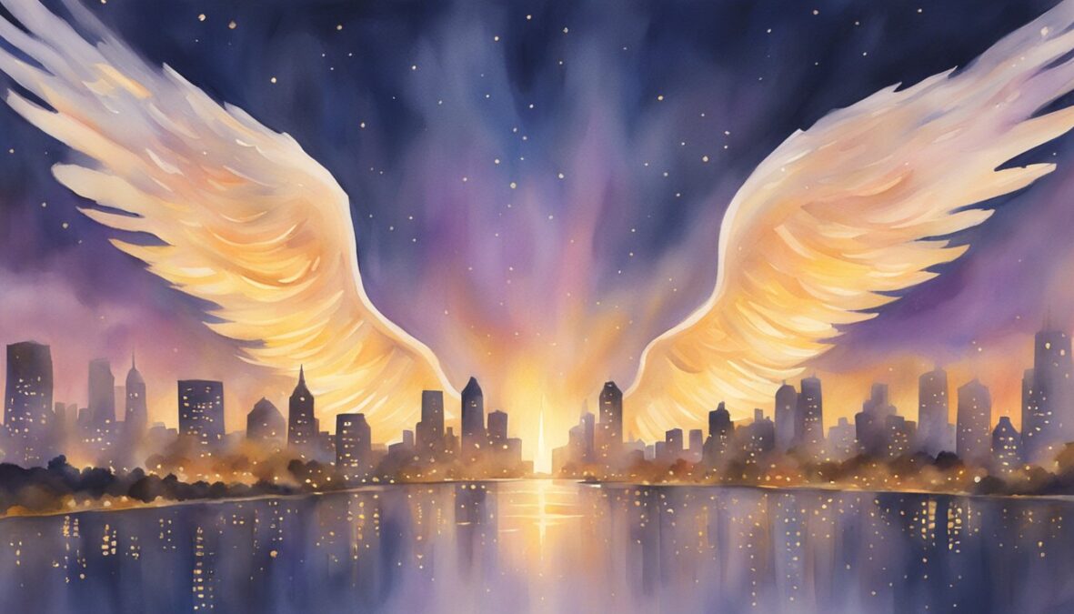 A glowing 205 angel number hovers above a city skyline at dusk, surrounded by a soft golden aura