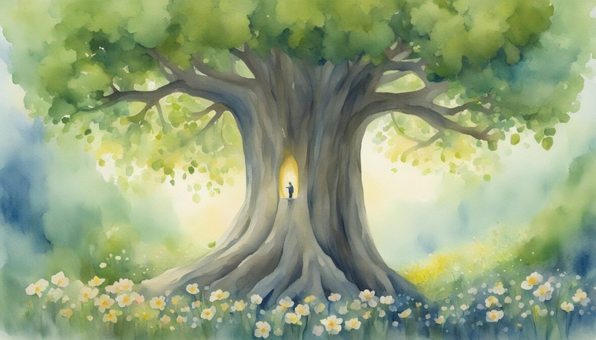 A seedling grows into a strong tree, surrounded by blooming flowers.</p><p>The number 206 is carved into the tree's trunk, while an angelic figure hovers above, radiating light