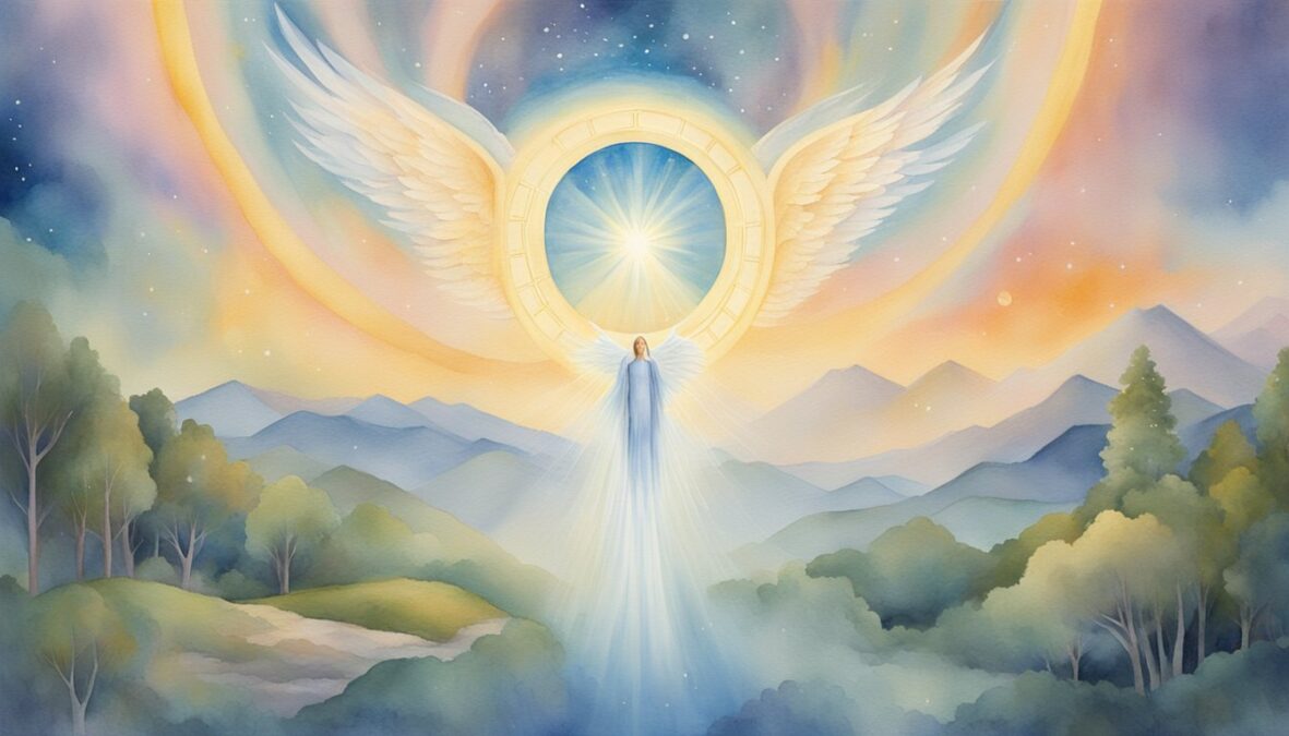 A glowing angelic figure hovers over a serene landscape, radiating light and calm energy, while the number 2122 appears in the sky, surrounded by celestial symbols