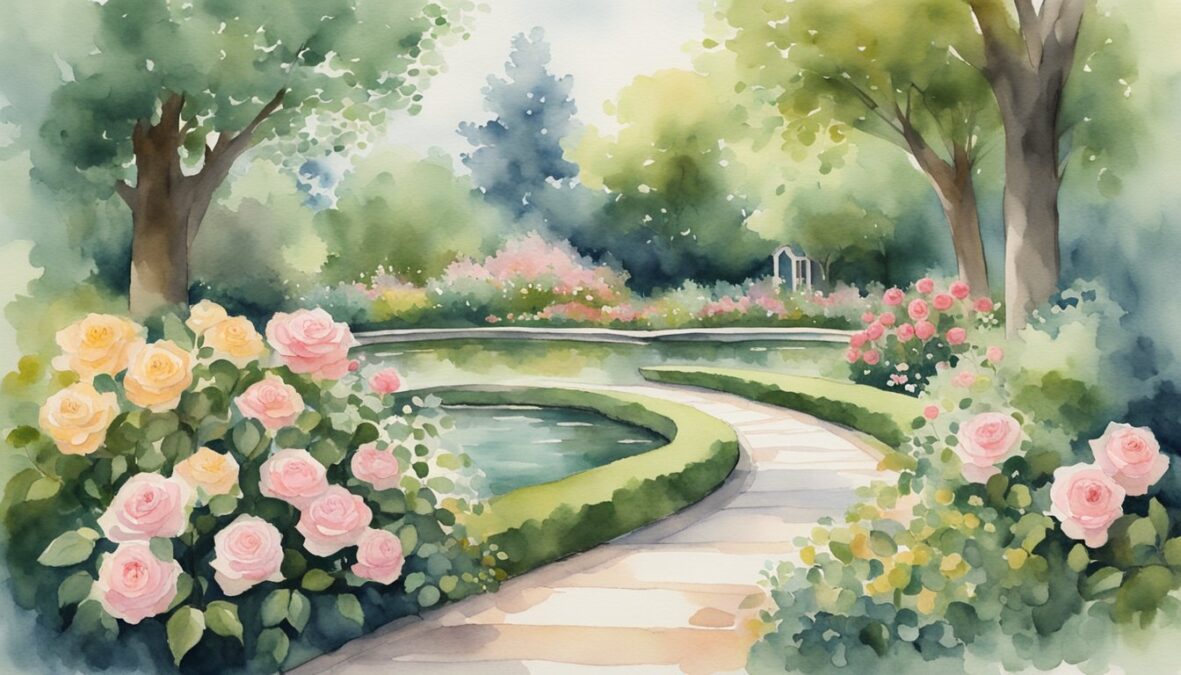 A serene garden with four blooming roses, two on each side of a winding path leading to a peaceful pond